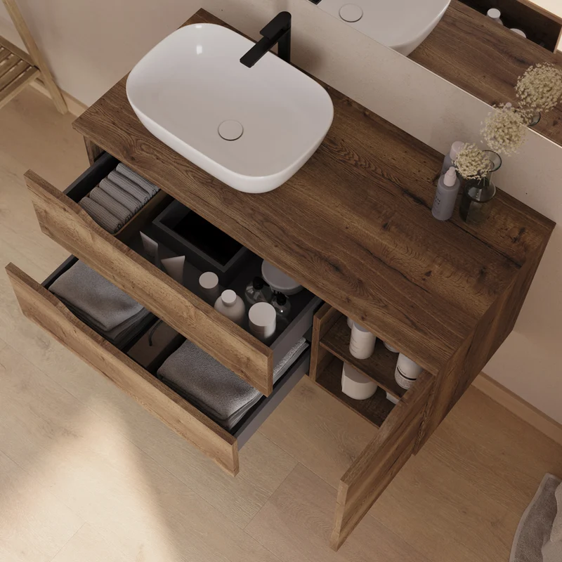 Meuble de salle de bain 100cm avec plateau et vasque à poser déportée à gauche Zeus - sans miroir - 2 tiroirs et un placard - ZARZA