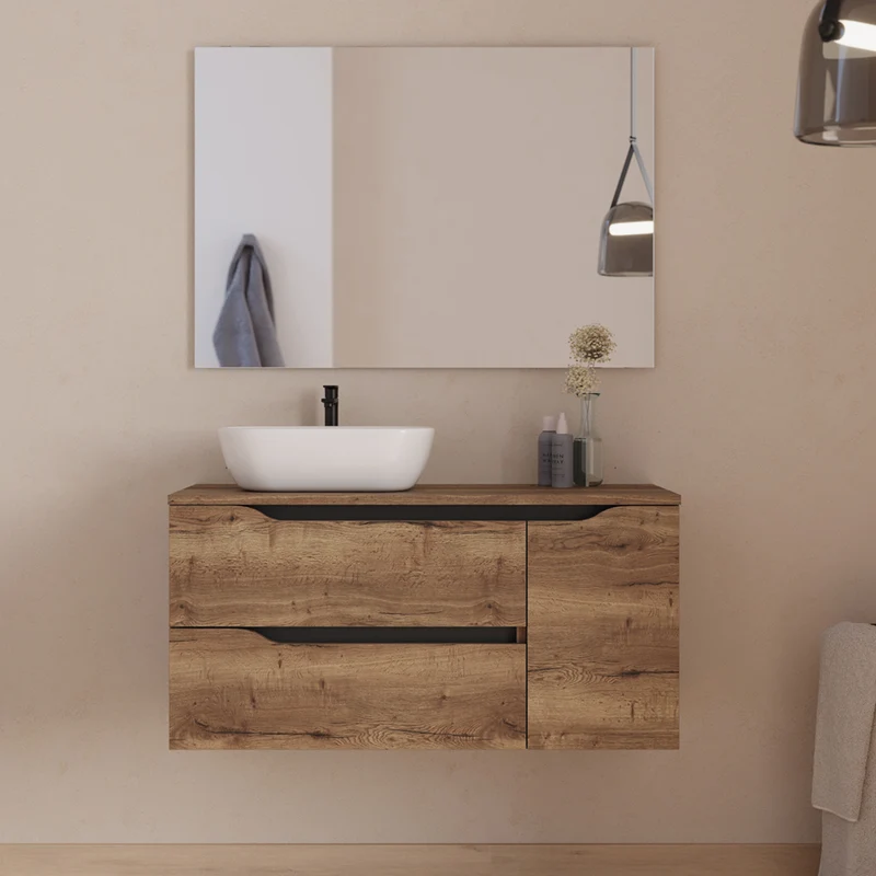 Meuble de salle de bain 100cm avec plateau et vasque à poser déportée à gauche Zeus - sans miroir - 2 tiroirs et un placard - ZARZA