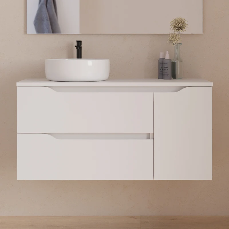 Meuble de salle de bain 100cm avec plateau et vasque à poser déportée à gauche Ares - sans miroir - 2 tiroirs et un placard - ZARZA