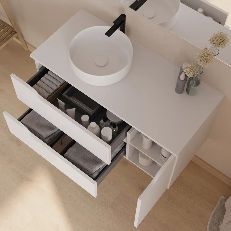 Meuble de salle de bain 100cm avec plateau et vasque à poser déportée à gauche Ares - sans miroir - 2 tiroirs et un placard - ZARZA