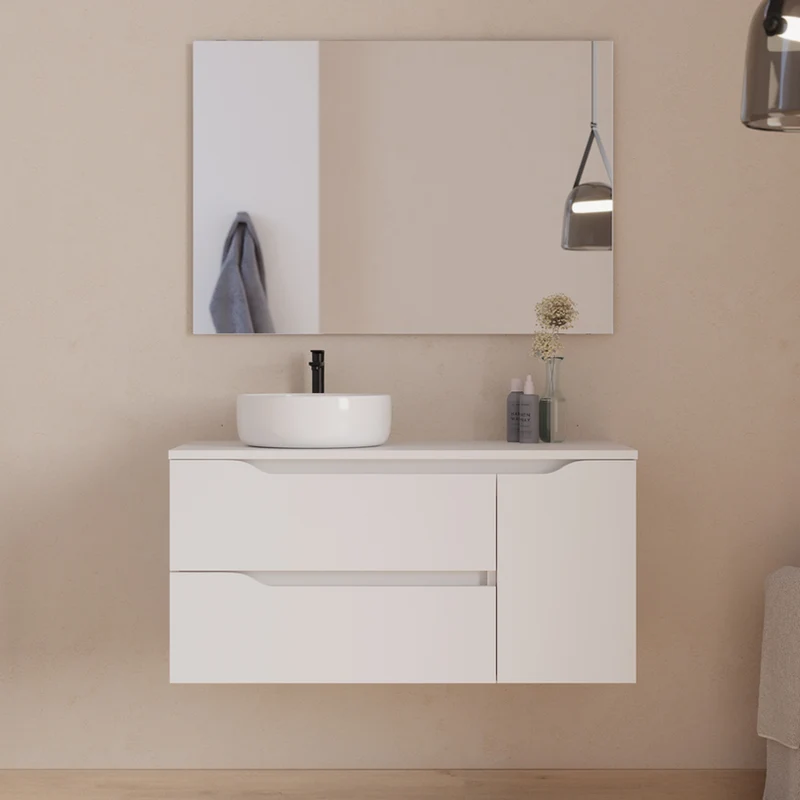 Meuble de salle de bain 100cm avec plateau et vasque à poser déportée à gauche Ares - sans miroir - 2 tiroirs et un placard - ZARZA