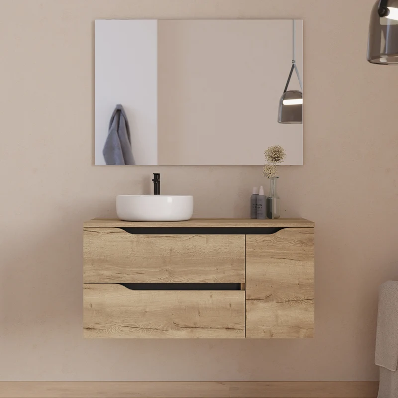 Meuble de salle de bain 100cm avec plateau et vasque à poser déportée à gauche Ares - sans miroir - 2 tiroirs et un placard - ZARZA