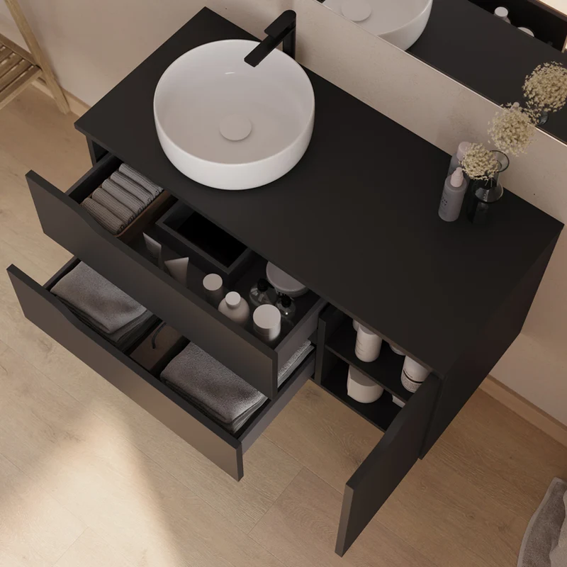 Meuble de salle de bain 100cm avec plateau et vasque à poser déportée à gauche Ares - sans miroir - 2 tiroirs et un placard - ZARZA