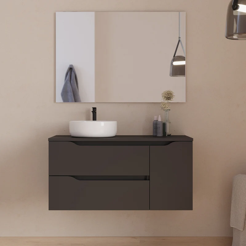 Meuble de salle de bain 100cm avec plateau et vasque à poser déportée à gauche Ares - sans miroir - 2 tiroirs et un placard - ZARZA