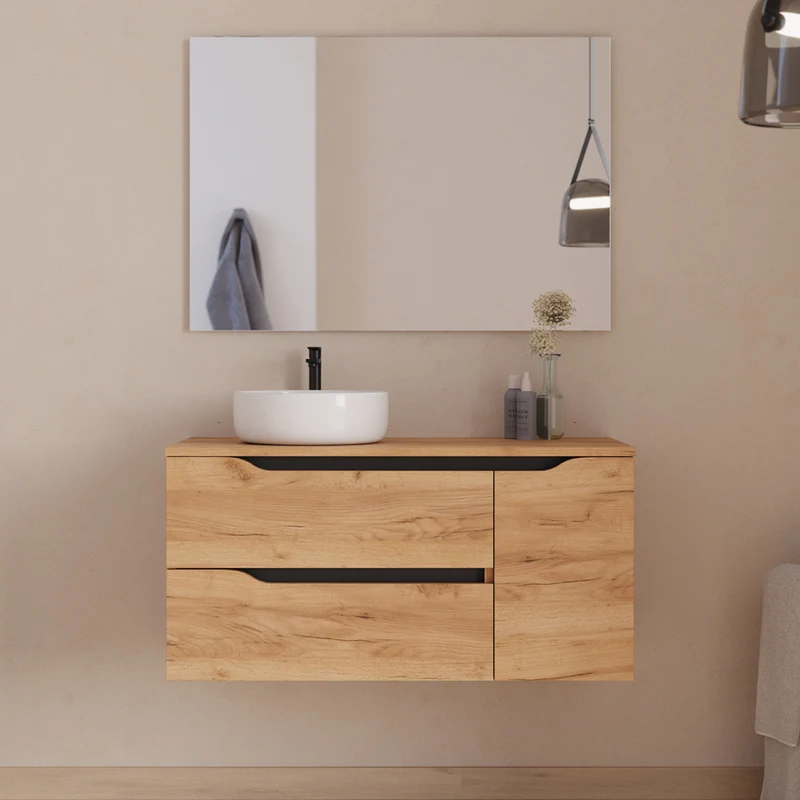 Meuble de salle de bain 100cm avec plateau et vasque à poser déportée à gauche Ares - sans miroir - 2 tiroirs et un placard - ZARZA