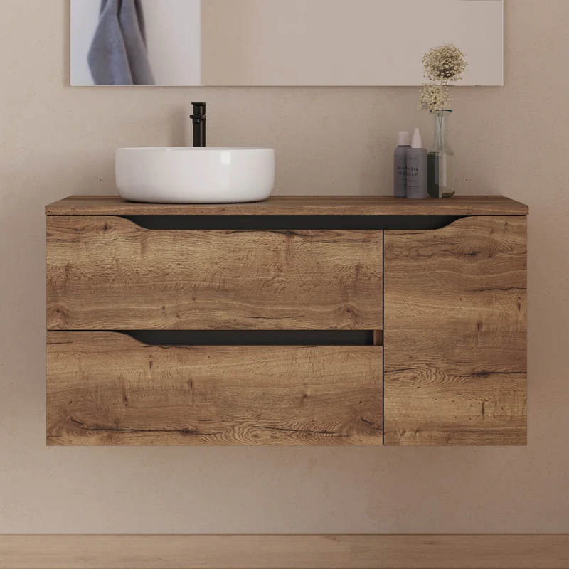 Meuble de salle de bain 100cm avec plateau et vasque à poser déportée à gauche Ares - sans miroir - 2 tiroirs et un placard - ZARZA