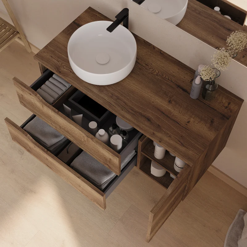 Meuble de salle de bain 100cm avec plateau et vasque à poser déportée à gauche Ares - sans miroir - 2 tiroirs et un placard - ZARZA
