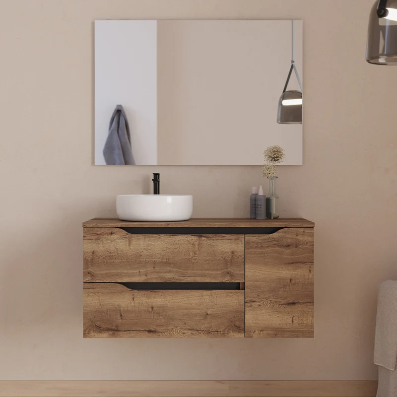 Meuble de salle de bain 100cm avec plateau et vasque à poser déportée à gauche Ares - sans miroir - 2 tiroirs et un placard - ZARZA