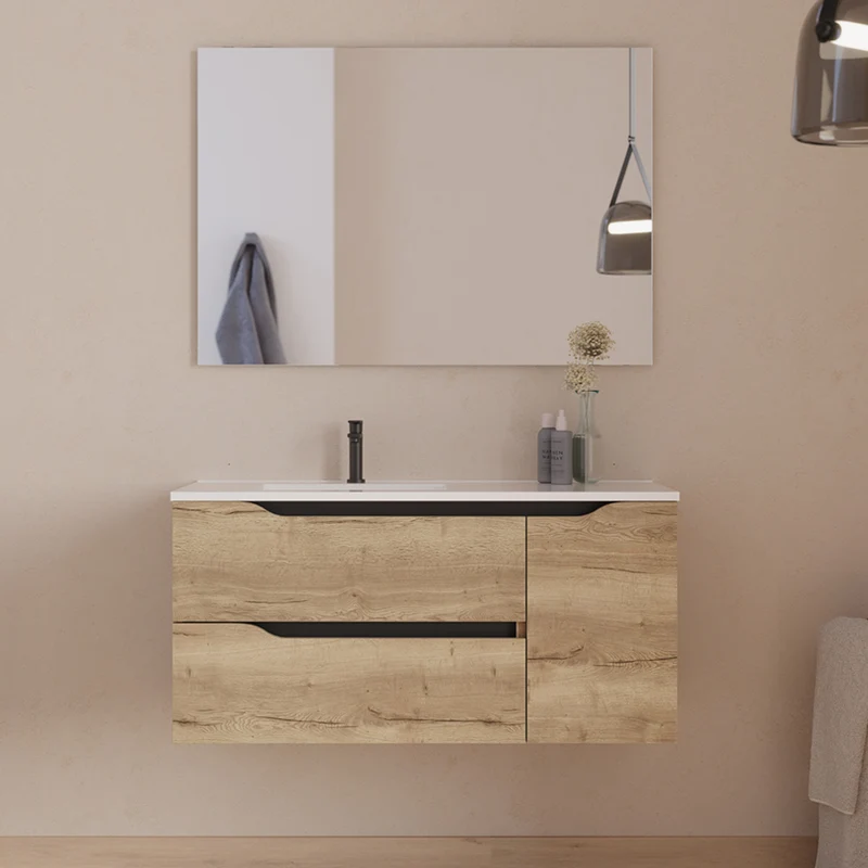 Meuble de salle de bain 100cm avec vasque déportée à gauche - sans miroir - 2 tiroirs et un placard - ZARZA