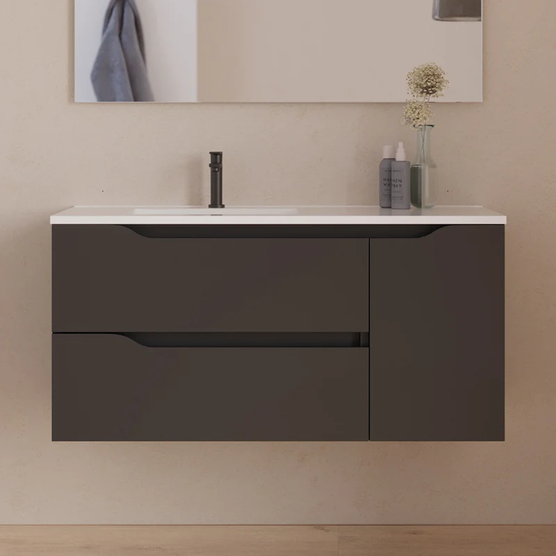 Meuble de salle de bain 100cm avec vasque déportée à gauche - sans miroir - 2 tiroirs et un placard - ZARZA
