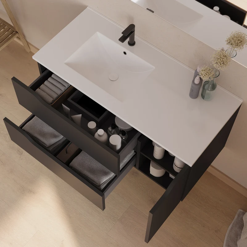 Meuble de salle de bain 100cm avec vasque déportée à gauche - sans miroir - 2 tiroirs et un placard - ZARZA