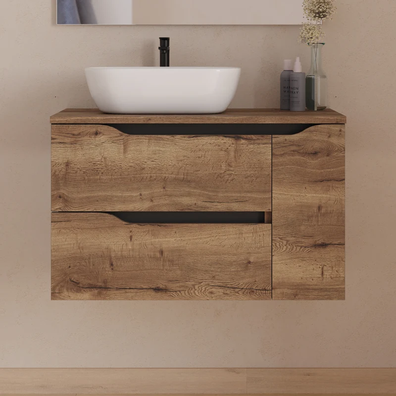 Meuble de salle de bain 80cm avec plateau, vasque à poser déportée à gauche Zeus et miroir - 2 tiroirs et un placard - ZARZA