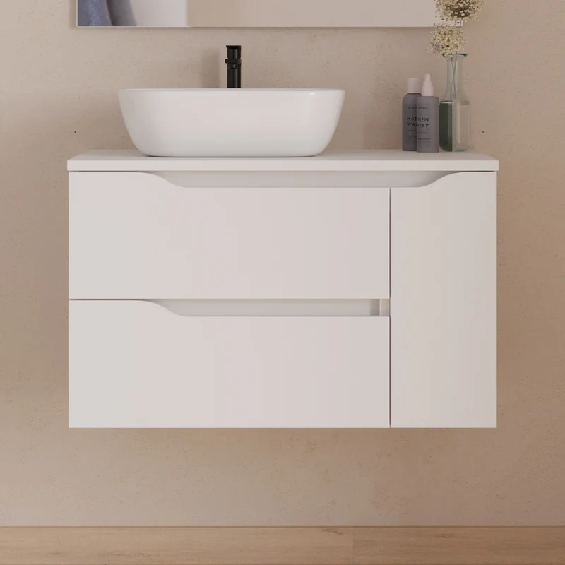 Meuble de salle de bain 80cm avec plateau, vasque à poser déportée à gauche Zeus et miroir - 2 tiroirs et un placard - ZARZA