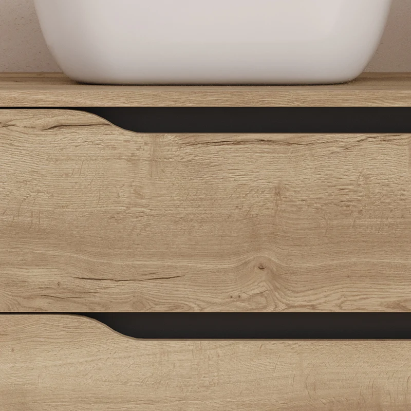 Meuble de salle de bain 80cm avec plateau, vasque à poser déportée à gauche Zeus et miroir - 2 tiroirs et un placard - ZARZA