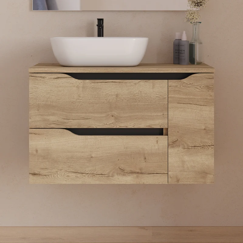 Meuble de salle de bain 80cm avec plateau, vasque à poser déportée à gauche Zeus et miroir - 2 tiroirs et un placard - ZARZA