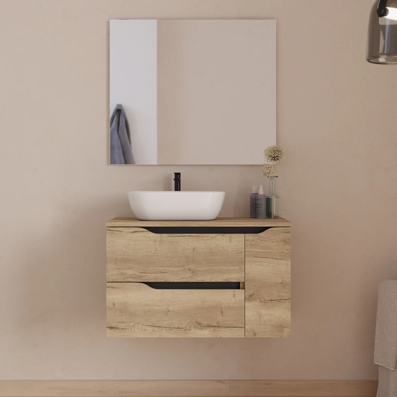 Meuble de salle de bain 80cm avec plateau, vasque à poser déportée à gauche Zeus et miroir - 2 tiroirs et un placard - ZARZA