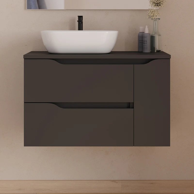 Meuble de salle de bain 80cm avec plateau, vasque à poser déportée à gauche Zeus et miroir - 2 tiroirs et un placard - ZARZA