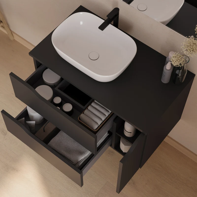 Meuble de salle de bain 80cm avec plateau, vasque à poser déportée à gauche Zeus et miroir - 2 tiroirs et un placard - ZARZA