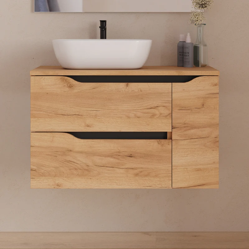 Meuble de salle de bain 80cm avec plateau, vasque à poser déportée à gauche Zeus et miroir - 2 tiroirs et un placard - ZARZA