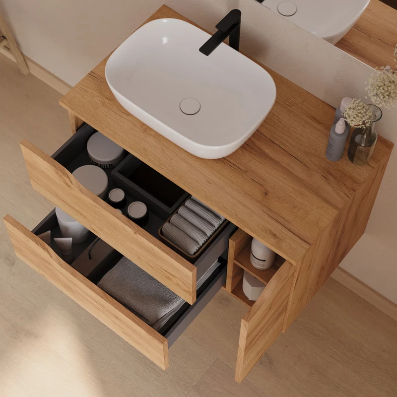 Meuble de salle de bain 80cm avec plateau, vasque à poser déportée à gauche Zeus et miroir - 2 tiroirs et un placard - ZARZA