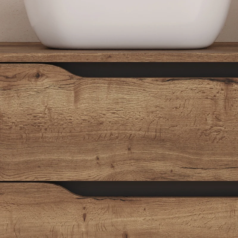 Meuble de salle de bain 80cm avec plateau, vasque à poser déportée à gauche Zeus et miroir - 2 tiroirs et un placard - ZARZA