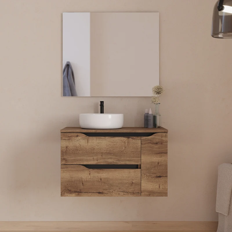 Meuble de salle de bain 80cm avec plateau et vasque à poser déportée à gauche Ares - sans miroir - 2 tiroirs et un placard - ZARZA