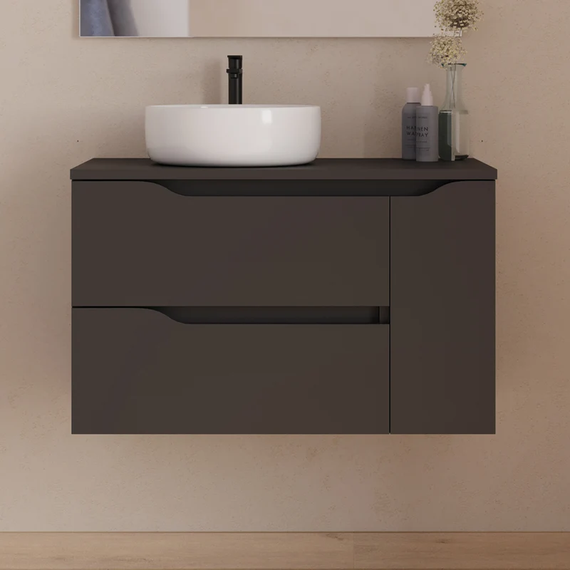 Meuble de salle de bain 80cm avec plateau et vasque à poser déportée à gauche Ares - sans miroir - 2 tiroirs et un placard - ZARZA