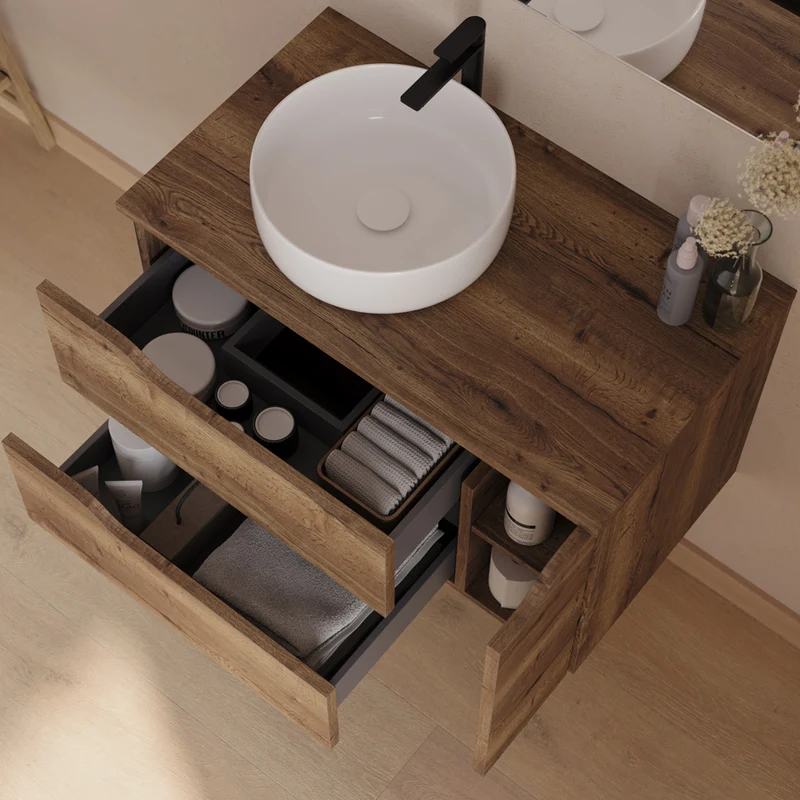 Meuble de salle de bain 80cm avec plateau et vasque à poser déportée à gauche Ares - sans miroir - 2 tiroirs et un placard - ZARZA