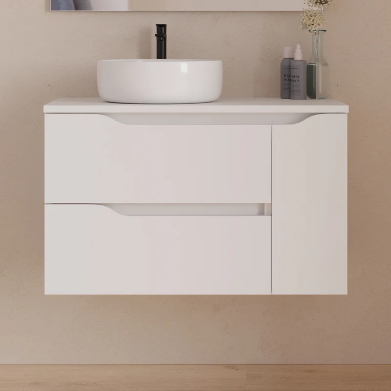 Meuble de salle de bain 80cm avec plateau et vasque à poser déportée à gauche Ares - sans miroir - 2 tiroirs et un placard - ZARZA