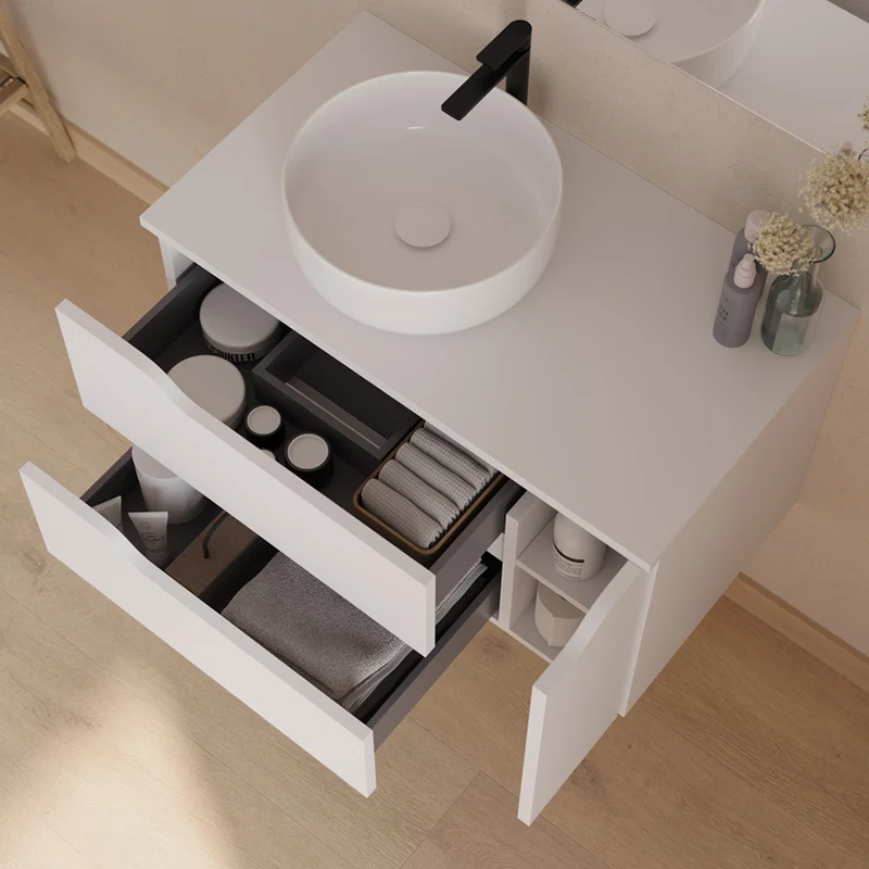Meuble de salle de bain 80cm avec plateau et vasque à poser déportée à gauche Ares - sans miroir - 2 tiroirs et un placard - ZARZA