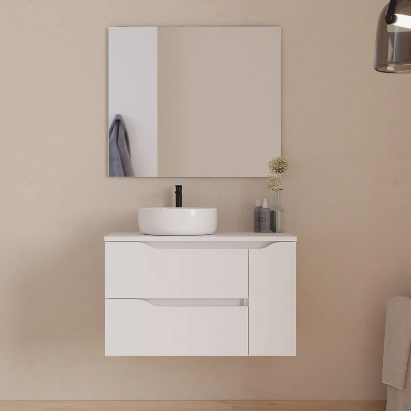 Meuble de salle de bain 80cm avec plateau et vasque à poser déportée à gauche Ares - sans miroir - 2 tiroirs et un placard - ZARZA