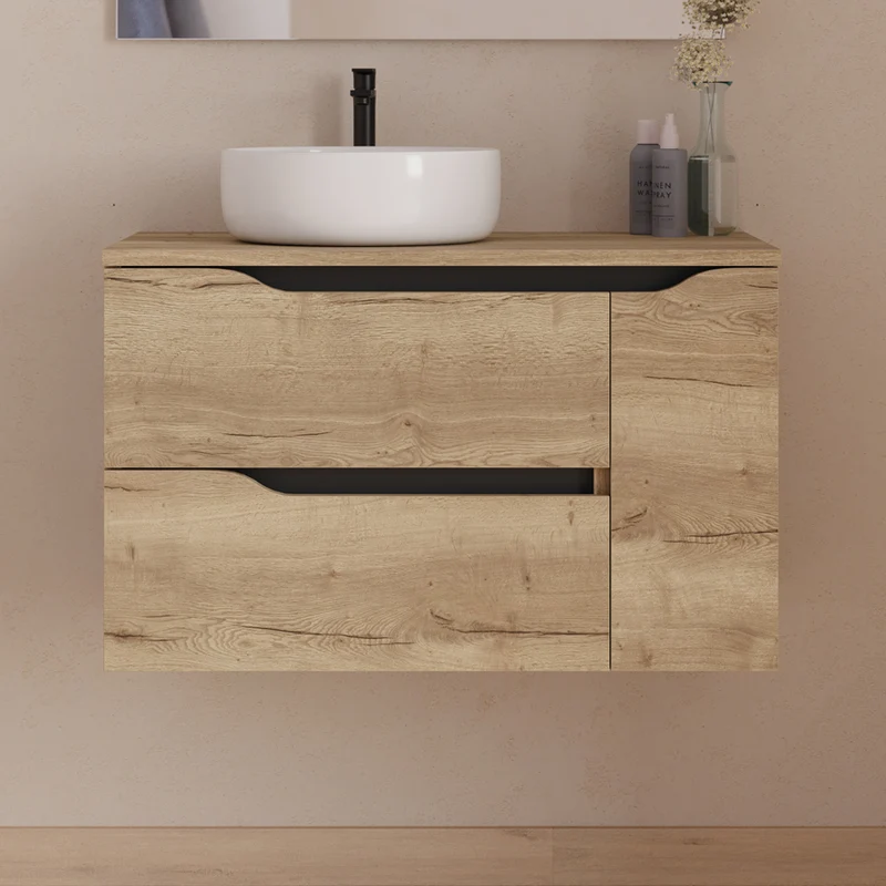 Meuble de salle de bain 80cm avec plateau et vasque à poser déportée à gauche Ares - sans miroir - 2 tiroirs et un placard - ZARZA