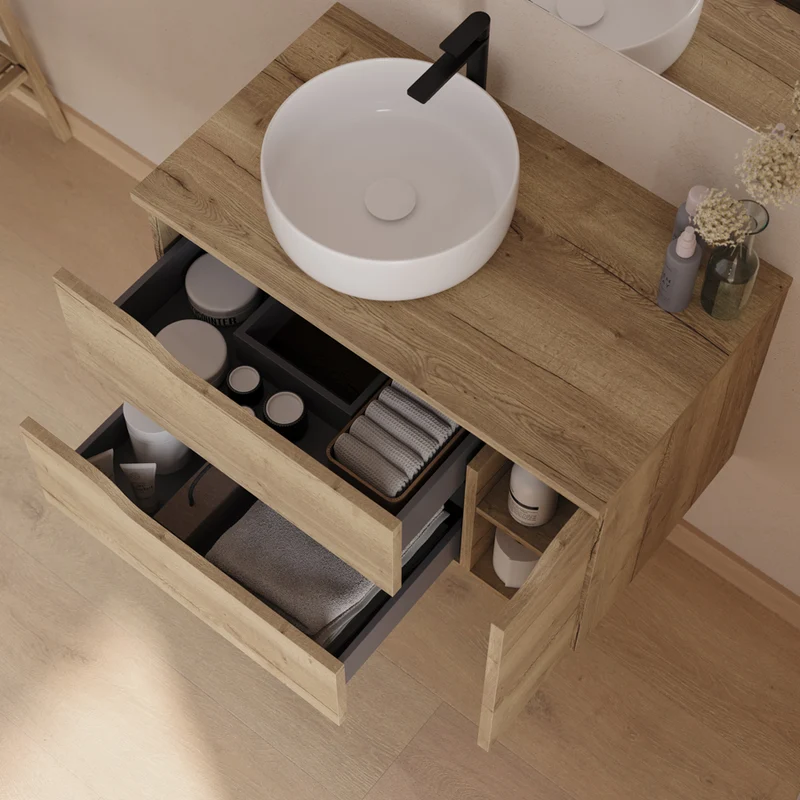 Meuble de salle de bain 80cm avec plateau et vasque à poser déportée à gauche Ares - sans miroir - 2 tiroirs et un placard - ZARZA
