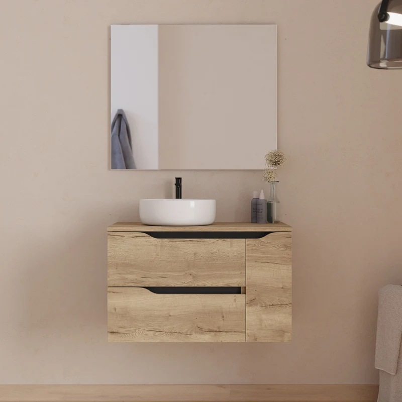 Meuble de salle de bain 80cm avec plateau et vasque à poser déportée à gauche Ares - sans miroir - 2 tiroirs et un placard - ZARZA