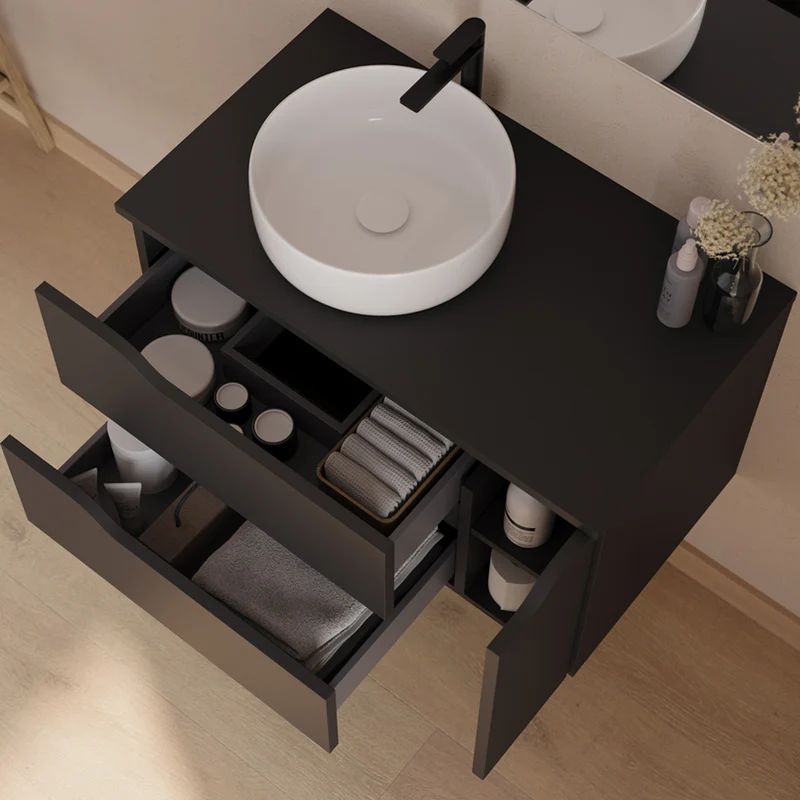 Meuble de salle de bain 80cm avec plateau et vasque à poser déportée à gauche Ares - sans miroir - 2 tiroirs et un placard - ZARZA