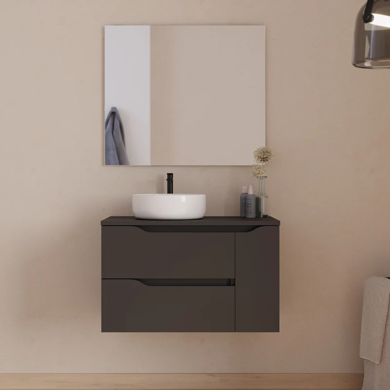Meuble de salle de bain 80cm avec plateau et vasque à poser déportée à gauche Ares - sans miroir - 2 tiroirs et un placard - ZARZA