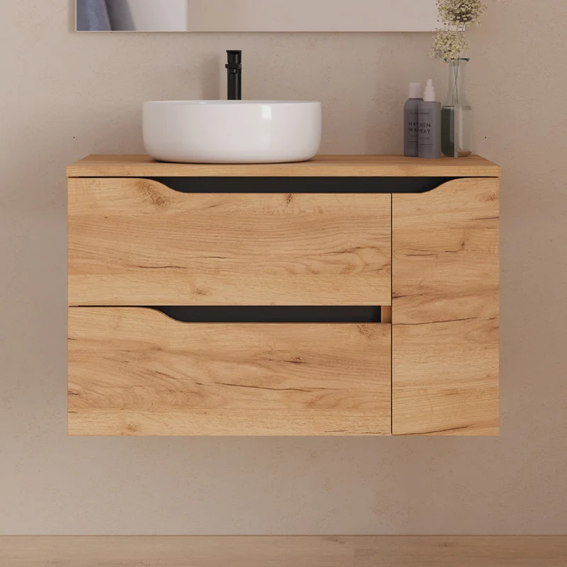 Meuble de salle de bain 80cm avec plateau et vasque à poser déportée à gauche Ares - sans miroir - 2 tiroirs et un placard - ZARZA