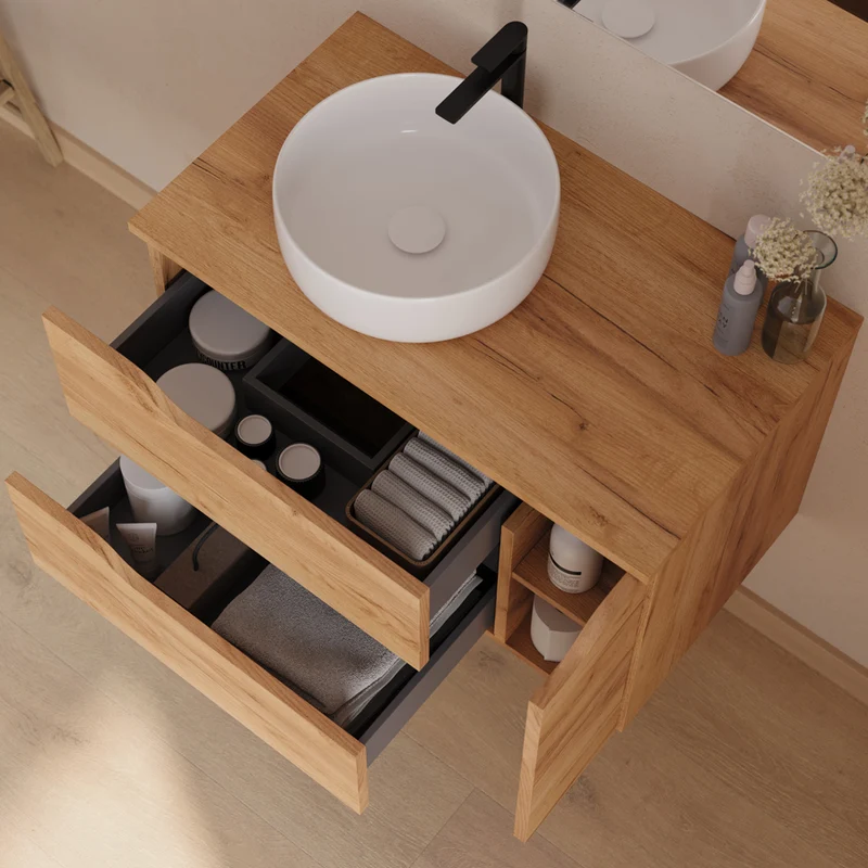 Meuble de salle de bain 80cm avec plateau et vasque à poser déportée à gauche Ares - sans miroir - 2 tiroirs et un placard - ZARZA