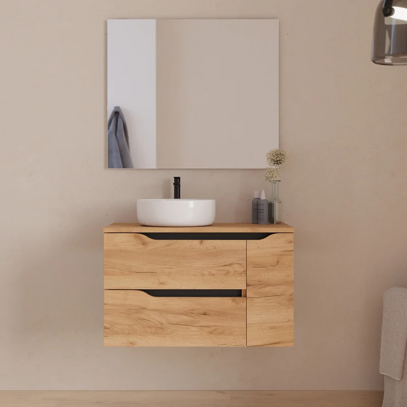 Meuble de salle de bain 80cm avec plateau et vasque à poser déportée à gauche Ares - sans miroir - 2 tiroirs et un placard - ZARZA