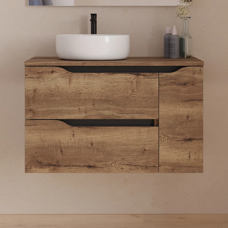 Meuble de salle de bain 80cm avec plateau et vasque à poser déportée à gauche Ares - sans miroir - 2 tiroirs et un placard - ZARZA