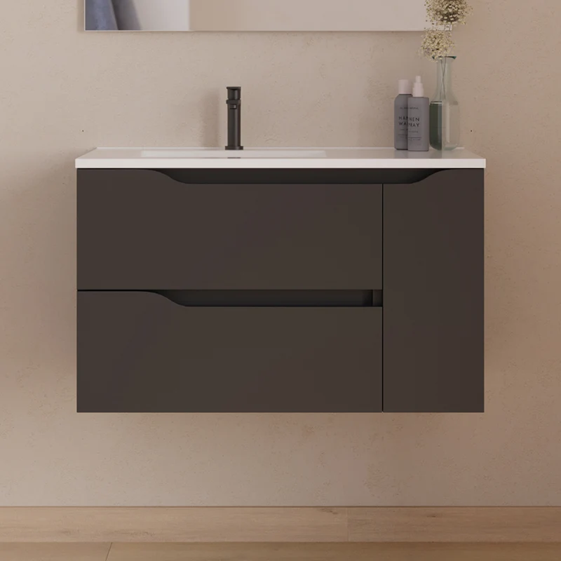 Meuble de salle de bain 80cm avec vasque déportée à gauche et miroir - 2 tiroirs et un placard - ZARZA