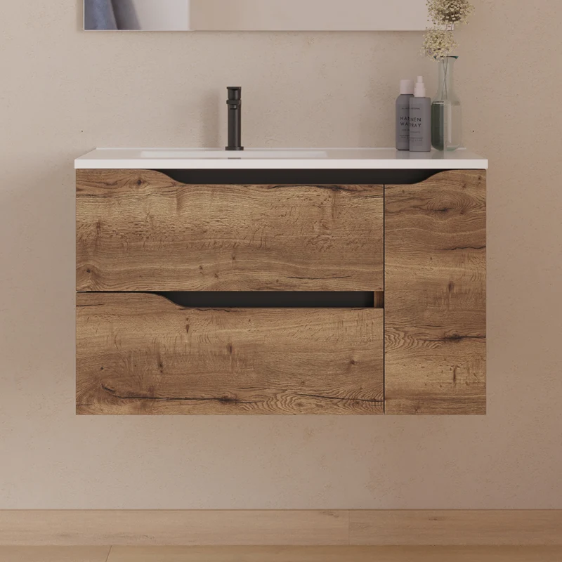 Meuble de salle de bain 80cm avec vasque déportée à gauche et miroir - 2 tiroirs et un placard - ZARZA