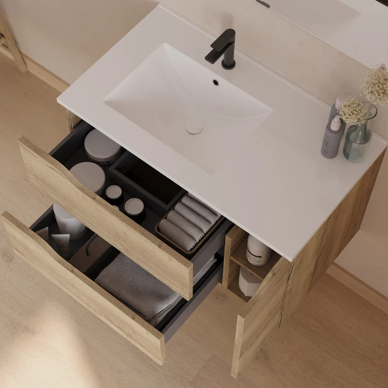 Meuble de salle de bain 80cm avec vasque déportée à gauche et miroir - 2 tiroirs et un placard - ZARZA