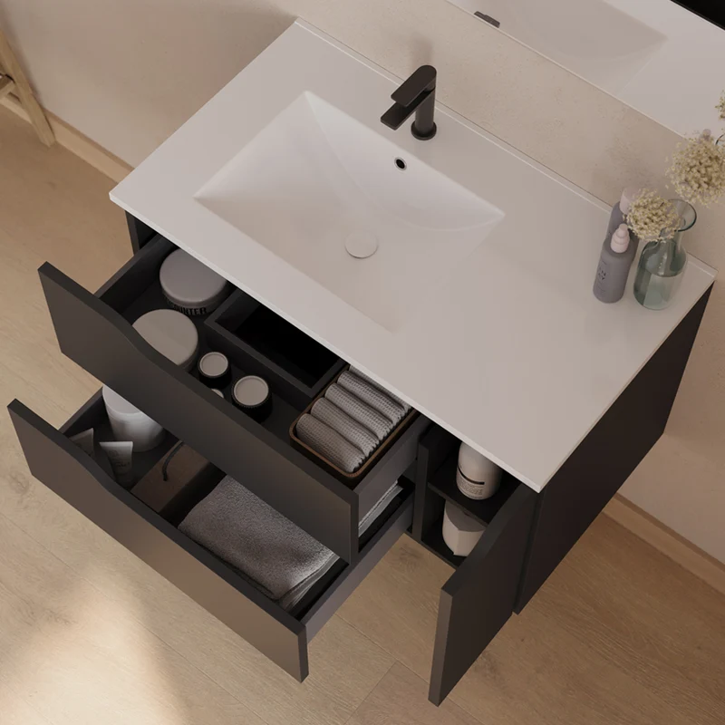 Meuble de salle de bain 80cm avec vasque déportée à gauche et miroir - 2 tiroirs et un placard - ZARZA