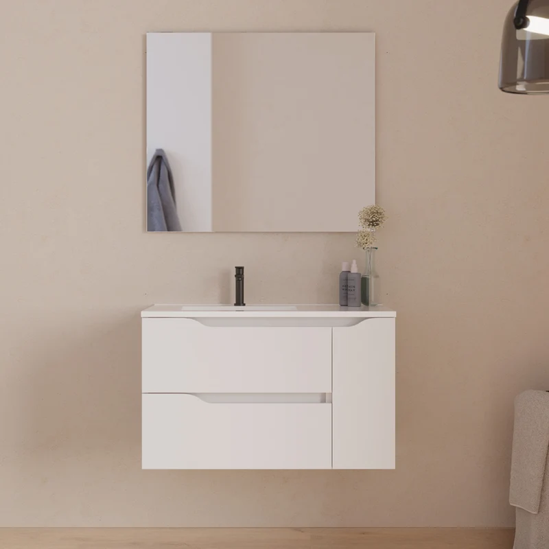 Meuble de salle de bain 80cm avec vasque déportée à gauche - sans miroir - 2 tiroirs et un placard - ZARZA