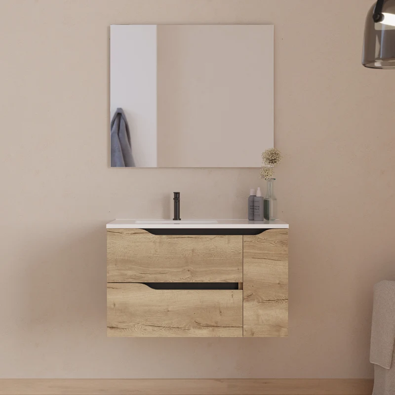 Meuble de salle de bain 80cm avec vasque déportée à gauche - sans miroir - 2 tiroirs et un placard - ZARZA
