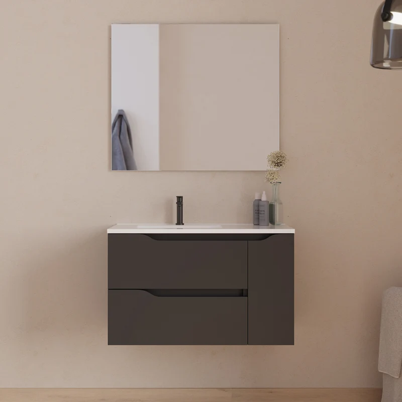 Meuble de salle de bain 80cm avec vasque déportée à gauche - sans miroir - 2 tiroirs et un placard - ZARZA