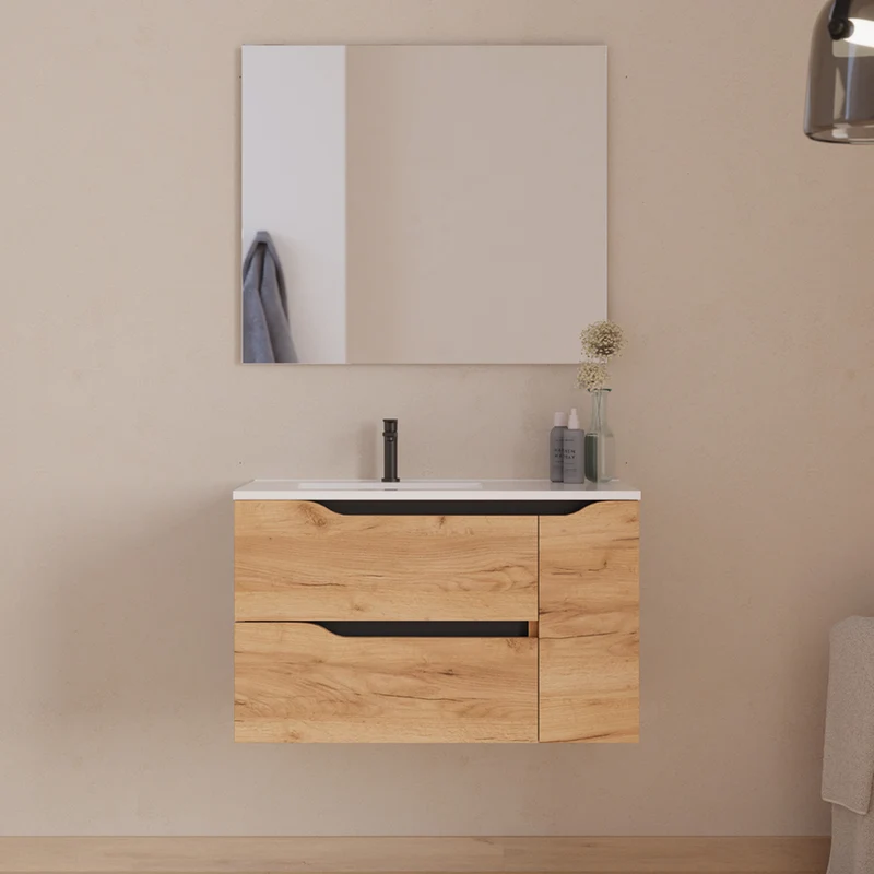 Meuble de salle de bain 80cm avec vasque déportée à gauche - sans miroir - 2 tiroirs et un placard - ZARZA