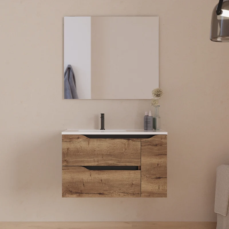 Meuble de salle de bain 80cm avec vasque déportée à gauche - sans miroir - 2 tiroirs et un placard - ZARZA