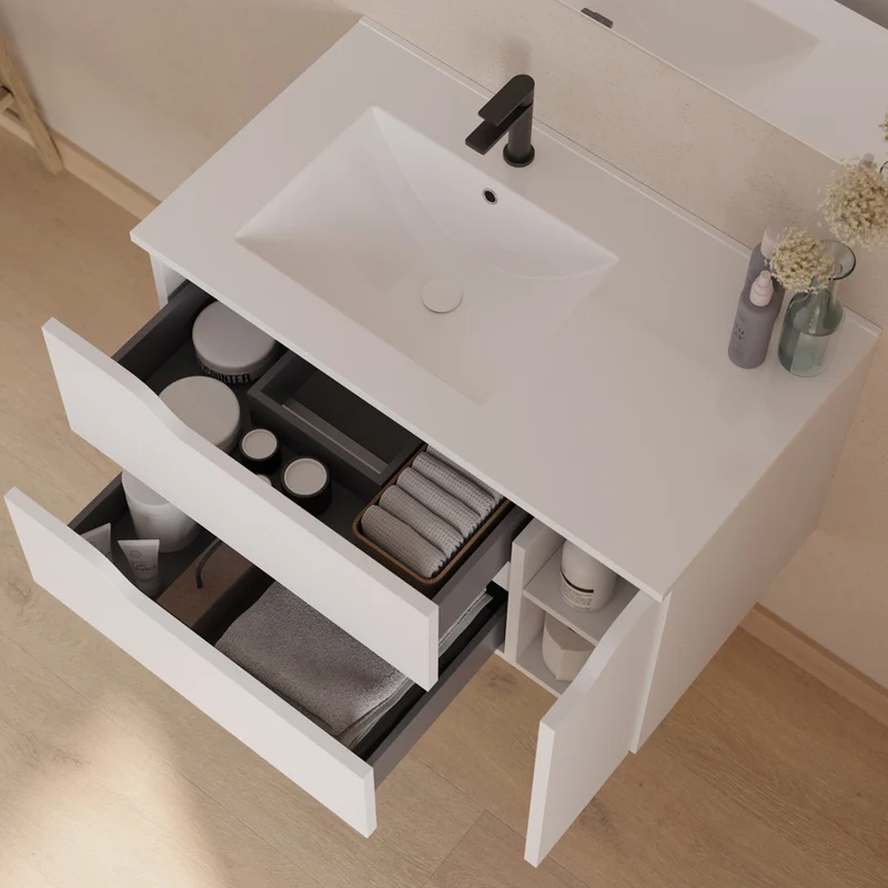 Meuble de salle de bain 80cm avec vasque déportée à gauche - sans miroir - 2 tiroirs et un placard - ZARZA